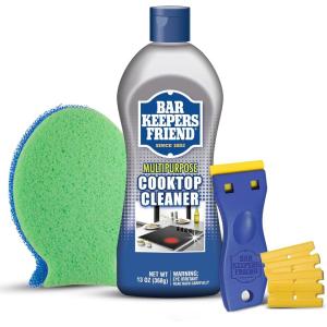 Bar Keepers Friend Cooktop Cleaner + Scraper + Dish Fish – Multipurpose Liquid Stovetop Cleanser, Safe for Use on Glass or Ceramic Cooking Surfaces, Copper, Brass, Chrome, Stainless Steel & Porcelain