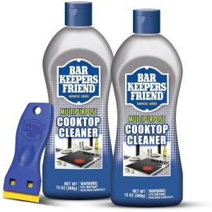 Bar Keepers Friend Cooktop Cleaner (2 x13 oz) + Scraper – Multipurpose Liquid Stovetop Cleanser, Safe for Use on Glass & Ceramic Cooking Surfaces, Copper, Brass, Chrome, Stainless Steel & Porcelain