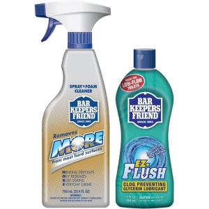 Bar Keepers Friend Spray + Foam Multipurpose Cleaner, 25.4 oz x 2, Surface Cleaner Removes Rust Stains, Mineral Deposits, Soap Scum, Grime & Tarnish(More Spray + EZ Flush)