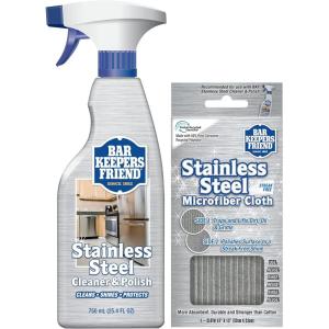 Bar Keepers Friend Stone & Granite Cleaner and Polish (25.4 oz) Plus 1 Microfiber Cloth, 2pc Cleaning Kit, Multi Surface Cleaner for Use on Natural, Manufactured & Polished Stone Countertops(Stainless Steel)